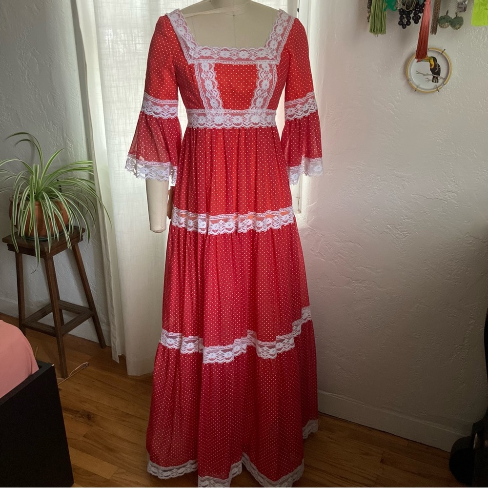 70’s Nadine Polka Dot Chiffon Tiered Maxi Dress